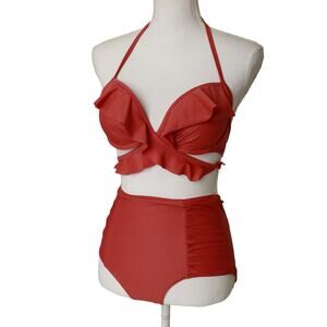 Aerie bikini pink coral 34C top medium bottom‎ high rise ruffle Ruched